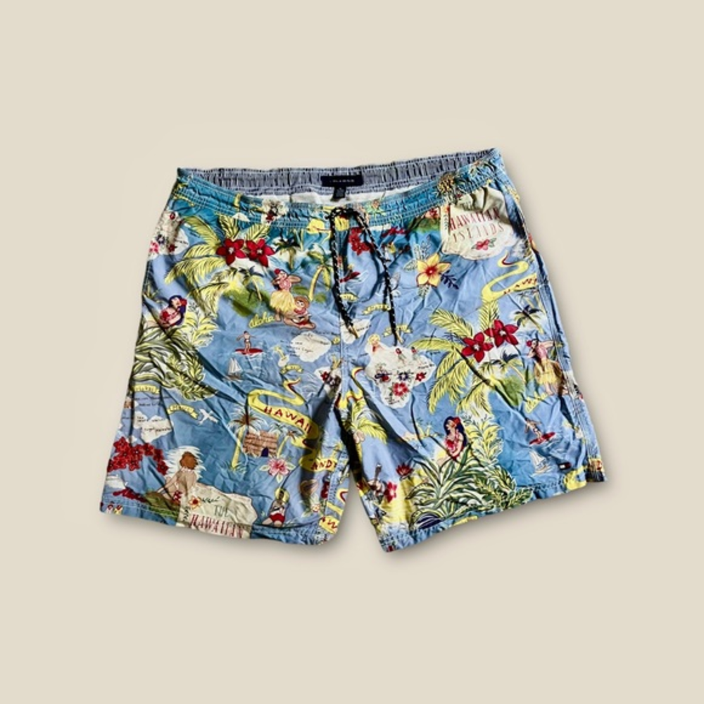 Tommy Hilfiger Hawaiian Swim Trunks Shorts‎ Men's Sz XL Tiki Drawstring Pockets✅